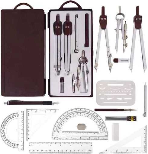 Compass for Geometry Drafting Tools 16 pcs Geometry Set Metal Rulers and Compasses for Architecture and Students Geometry Set for School Protractor and Compass Ruler Set and Geometry Compass W.8.5oz