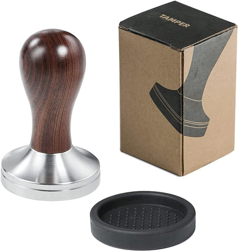 58mm Coffee Tamper Espresso Press with Tamper Mat 304 Stainless Steel Flat Base Wooden Handle for Coffee Grounds Barista Espresso Machines Accessory