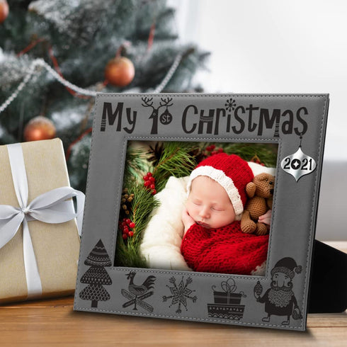 Bella Busta-My First Christmas-My 1st Christmas 2021-Engraved Leather Picture Frame -Christmas gifts -baby's first Christmas (4 x 6 Horizontal)