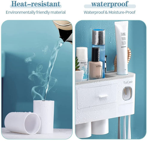 TuCao Automatic Toothpaste Dispenser Squeezer Kit with Toothbrush Holder Wall Mounted, 6 Toothbrush Slot with Cover, 2 Magnetic Cups and Cosmetic Organizer Drawer(2 Cups)