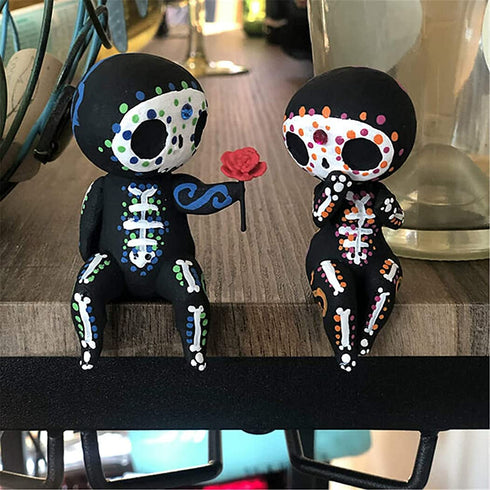 Sugar Skull Couple Statue, Sugar Skull Figurine, Resin Crafts Cute Statue Skull - Resin Skull Statue Home Decor, Adorable Skull Sculpture Memorial Statue Halloween Skull Statues Gifts (C)