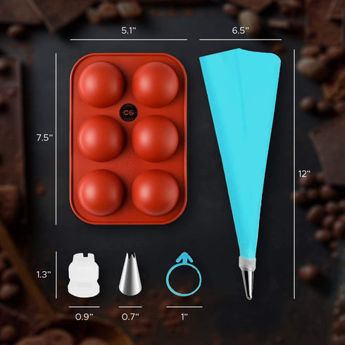 3 Silicone Mold for Hot Chocolate Bombs Making, Cake pops, Jelly Ball- Semi circle Round Shaped Flexible Mold with Piping bag for baking, 6 Holes Silicone sphere for Hot cocoa bomb