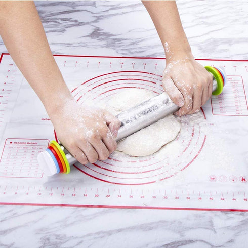 Rolling Pin with Thickness Rings and Pastry Mat for Baking Cookie Chapati Fondant Dough Pastry Pizza Pie Crust, Stainless Steel Roller Pin, Red Mat