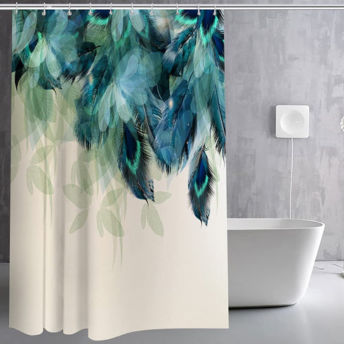 Wallall Peacock Feather Shower Curtain Teal Blue Peafowl Tail Bathroom Curtains Beautiful Natural Wild Living Room Decorations Washable Fabric Bathtub Decor with Hooks 72x72inch