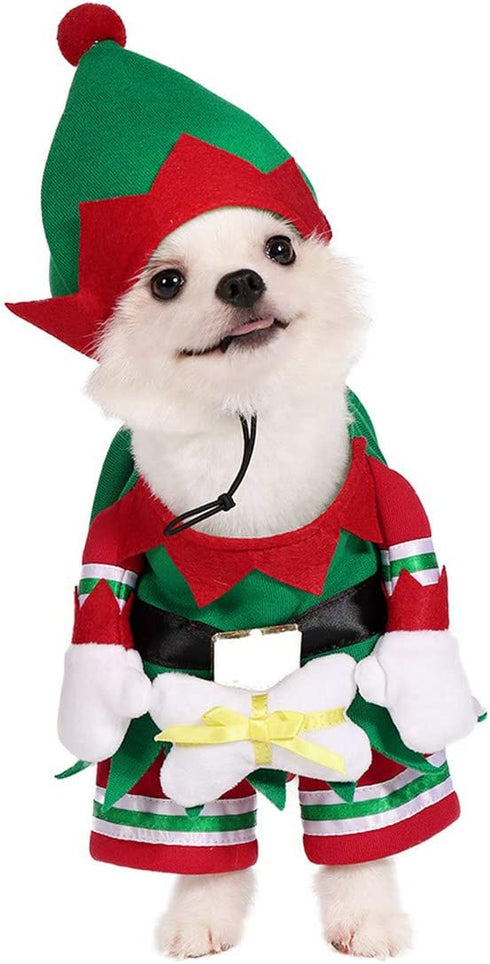 Mogoko Dog Cat Christmas Elf Costume, Funny Pet Cosplay Dress with Cap, Puppy Fleece Warm Outfits Animal Festival Apparel Clothes(L Size)