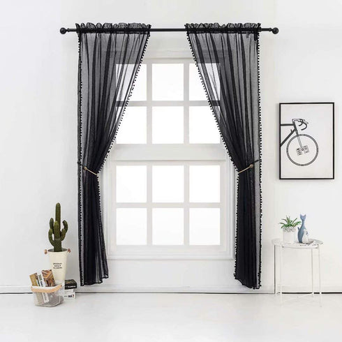 MISS SELECTEX Linen Look Pom Pom Tasseled Sheer Curtains - Rod Pocket Voile Semi-Sheer Curtains for Living and Bedroom, Set of 2 Curtain Panels (52 x 63 inch, Black)