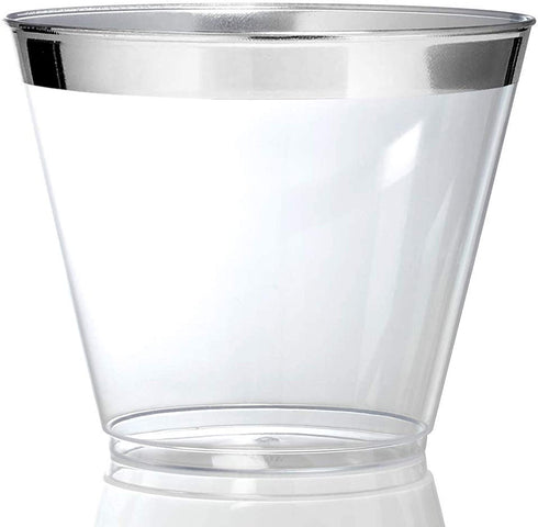 Stock Your Home Silver Rim 9 Ounce Clear Plastic Cups (100 Pack) Disposable Party Cups - Old Fashioned Reusable Plastic Tumblers for Weddings, Parties and Everyday Use