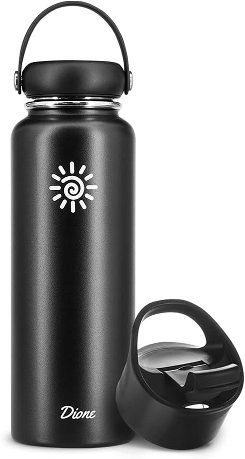 DIONE Water Bottle 40 oz. Flask Double Wall Stainless Steel & Vacuum Insulated (Black) Sport Hydro Container for Home, Office, School, Outdoor Camping (Standard Mouth / Leak Proof / BPA Free Cap)