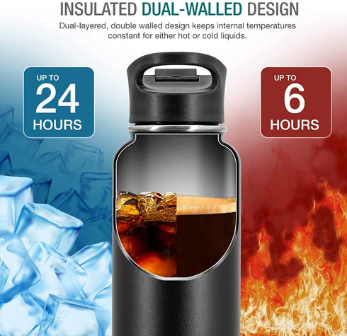 DIONE Water Bottle 40 oz. Flask Double Wall Stainless Steel & Vacuum Insulated (Black) Sport Hydro Container for Home, Office, School, Outdoor Camping (Standard Mouth / Leak Proof / BPA Free Cap)