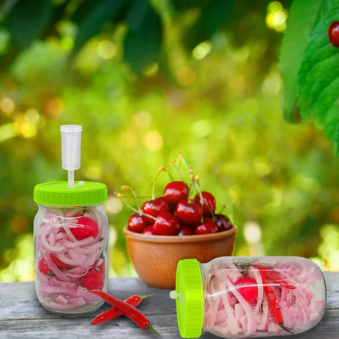 Fermentation Jars Kit - Included 2 Wide Mouth 36Oz Mason Jars, 2 Airlocks & Plastic Lids kit, Used to Make Sauerkraut, Kimchi, Pickles, Fermented Probiotic Foods, etc (Mason Jars Kit, Green Lid)