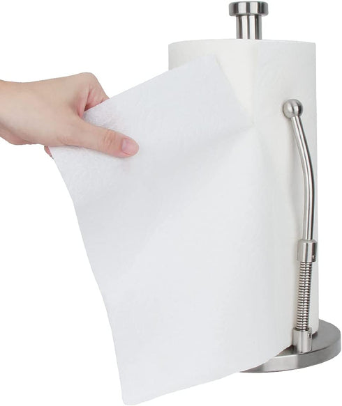 Easy Tear Paper Towel Holder Countertop, Stainless Steel Paper Towel Holder Standing, Weighted Paper Towel Holders Counter with an Adjustable Spring Arm Upright Vertical Paper Towels Organizer