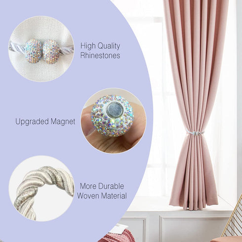 Bling Magnetic Curtain Tiebacks, Decorative Curtain Holdbacks, Crystal Tie Backs for Curtains, Curtain Holders for Window Draperies - 16 inch, Grace, Simplicity & Elegance (Silver, 4)