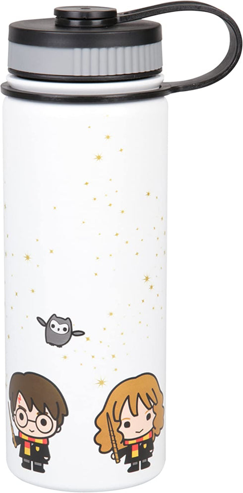 Harry Potter Stainless Steel Water Bottle - White with Harry, Ron and Hermione Chibi Character Design - Double Wall Insulated - 550ml