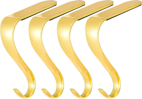 Yuokwer Christmas Stocking Holders for Mantel Set of 4- Stocking Hooks Hanger for Fireplace Christmas Hooks Safety Hang Grip Stockings Clip for Christmas Party Decoration (Gold, Pack of 4)