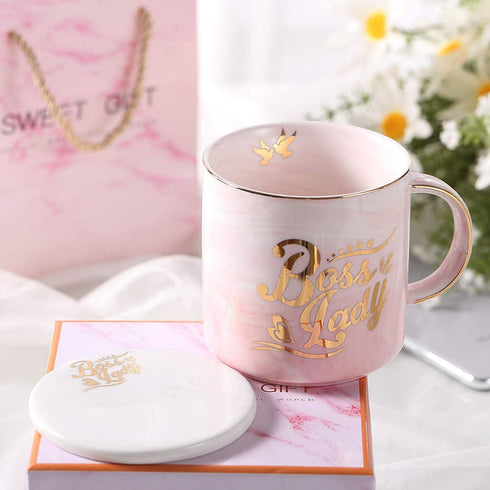 Boss Lady Pink Marble Ceramic Coffee Mug 11.5 Oz with Coasters Boss Lady Mug Birthday Gifts for Women Mom and Girl Female Entrepreneur Business Owner Coffee Mug for Women