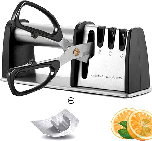 Knife Sharpeners, Best 4 in 1 Manual Kitchen Knives & Scissor Sharpeners, 4 - Stage Knife Sharpening System with Diamond Steel, Ceramic Stone, Ergonomic Design, Non-slip Base?Black?