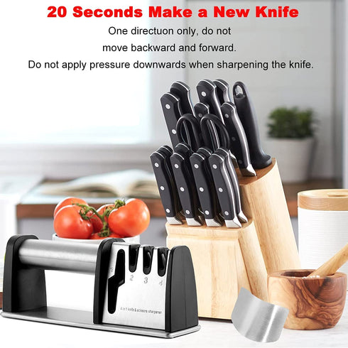Knife Sharpeners, Best 4 in 1 Manual Kitchen Knives & Scissor Sharpeners, 4 - Stage Knife Sharpening System with Diamond Steel, Ceramic Stone, Ergonomic Design, Non-slip Base?Black?