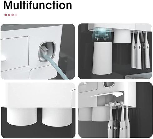 iHave Toothbrush Holders for Bathrooms, 2 Cups Toothbrush Holder Wall Mounted with Toothpaste Dispenser, Large Capacity Tray, Cosmetic Drawer and 6 Brush Slots with Cover Tooth Brush Holder