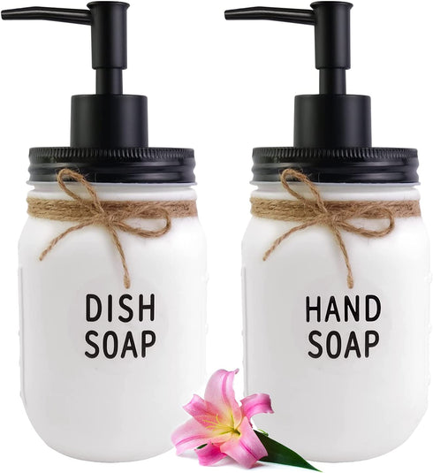 White Mason Jar Dish and Hand Soap Dispenser, 16 Ounce Glass Mason Jar with Black Plastic Pump and Stainless Steel Lid, Farmhouse Decor Rustic Kitchen Bathroom Accessories