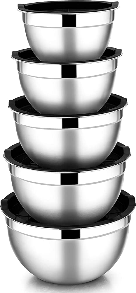 Mixing Bowls with Lids Set of 5, E-far Stainless Steel Black Mixing Bowls Metal Nesting Bowls with Airtight Lids for Cooking, Baking, Serving, Storage - Size 0.7/1/1.5/3/4.5QT - Dishwasher Safe