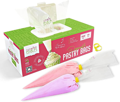 Icing Piping Bag 14 Inch Pastry Bags Disposable 160 large pipping bag + 2 Ties Bakers Choice Microwaveable piping bags Set in Washable Holder Cake Decorating Baking Supplies by Craftit Edibles