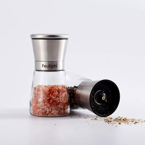 Slat and Pepper Grinder Set of 2 with Stainless Steel Holder, Adjustable Coarseness, Premium Stainless Steel and Glass body Spice Mill, Salt and Pepper Shaker