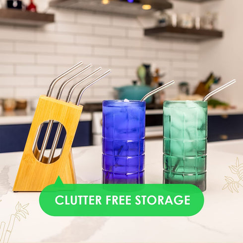 Tannion Straw Caddy With (12) Reusable Straws Reusable Straw Holder For Counter With Metal Straw Set Bamboo Straw Container With Metal Straws Drinking Straw Organizer With Stainless Steel Straw Set