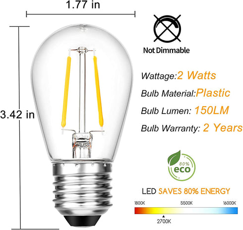 Meconard Shatterproof LED S14 Replacement Light Bulbs, E26 Medium Screw Base Vintage Edison Bulbs Equivalent to 11-25 Watt, Fits for Commercial Outdoor Patio String Lights, 2700K Warm White, 15 Pack