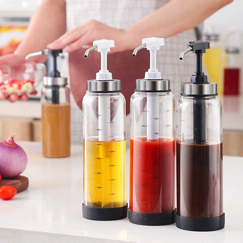 DOITOOL 300ml Sauce Pump Bottle Leakproof Kitchen Condiment Dispenser Olive Oil Dispenser Empty Glass Sauce Bottles for Ketchup Mustard Oil Sauces