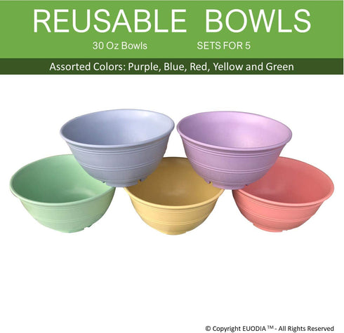 30 Oz Bamboo Fiber Plastic Deep Bowls for Cereal, Soup, Rice, Salad, Snack / Pop Corn, Dessert & Noodle (Set of 5)-Dishwasher & Microwave Safe-Unbreakable Reusable Lightweight Eco Friendly & BPA Free