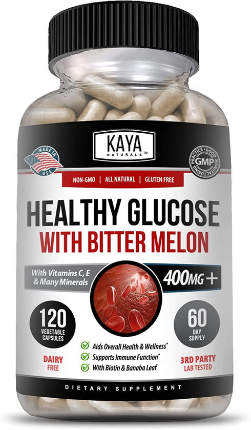 Kaya Naturals Healthy Gluco with Bitter Melon Supplement | Support Healthy Levels & Function, 20 Herbs Vitamins Minerals, Alpha Lipoic Acid, Cinnamon, Vitamin C & E Gluten Free, Non-GMO - 120 Capsules