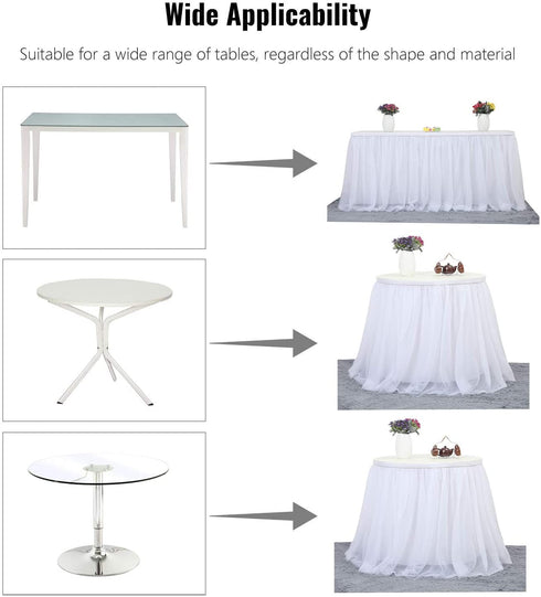 6ft/183cm White Tulle Tutu Table Skirt, Wedding Bridesmaid Sister Costume,Party Skirt, Rectangle Or Round Decorative Table Decoration, Fashion Deluxe Romantic Birthday Party Baby Shower (Wave)