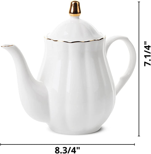 BTaT- Porcelain Tea Pot with Stainless Steel Infuser, 38 oz, White, Tea Pot with Gold Trim, Teapot with Infuser, Porcelain Teapot, Tea Brewing Pot, Teapots for Loose Tea, Tea Pot with Strainer