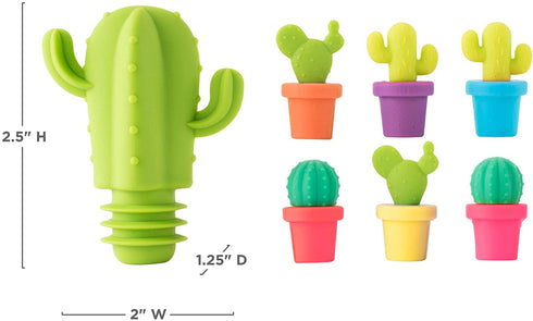 TrueZoo Cactus Wine Glass Charms and Drink Markers with Bottle Stopper Set, Silicone, Multicolor, Set of 7