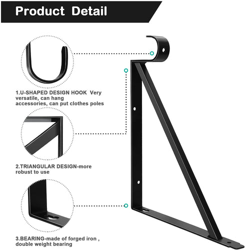 SUNGROOCloset Rod Brackets Holder Heavy Duty Support Bracket Black Closet Shelf Bracket with Rod Support Great for Both Shelf Storage and Closet Rod 2 Pack 4 Pack (2 Pack)