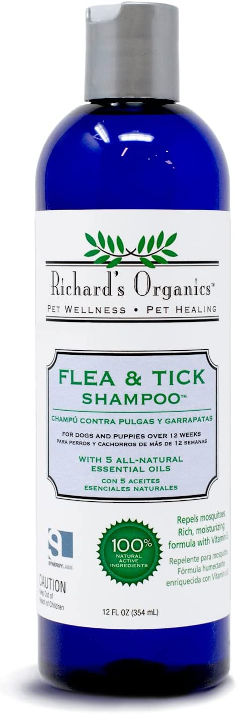 Richard’s Organics Flea and Tick Shampoo for Dogs – 100% All-Natural Actives Kills Fleas, Ticks and Repels Mosquitos – Flea Shampoo is Gentle, Won’t Dry Skin, Great Smelling Essential Oils (12oz bottle),FG00440