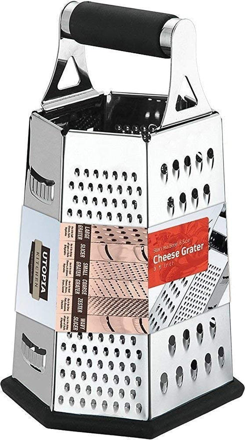 Utopia Kitchen - Cheese Grater & Shredder - Stainless Steel - 6 Sided Box Grater - Large Grating Surface with 6 Razor Sharp Blades - Non Slippery rubber bottom - Perfect to Slice, Grate, Shred & Zest Fruits, Vegetables, Cheeses & Many more! (Black)