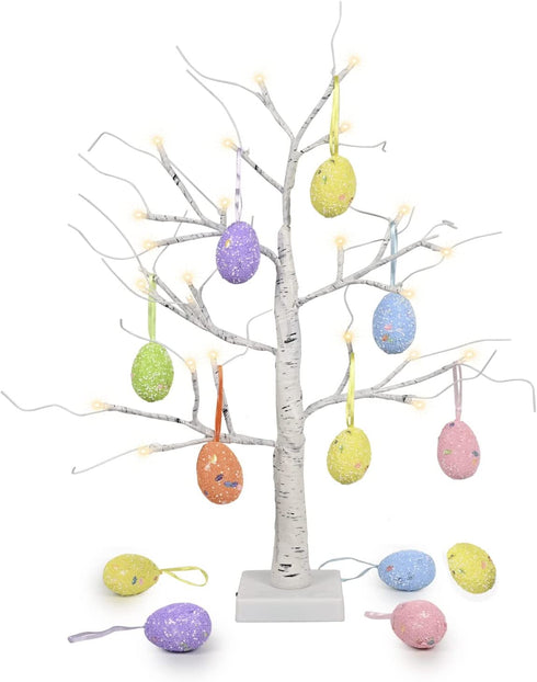 kemooie 24 Inch Pre-lit White Birch Tree with 10 Hanging Easter Egg Ornaments, 24 Led Lights Battery Operated Easter Table Centerpiece for Party Birthday Home Easter Decoration Spring Decoration