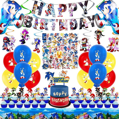 WOOACME Sonic The Hedgehog Party Supplies, 101pcs Birthday Party Decorations Include Happy Birthday Banner, Hanging Swirls Decorations, Foil Balloons and Latex Balloons, Stickers, Cake Topper and Table Cover for Kids