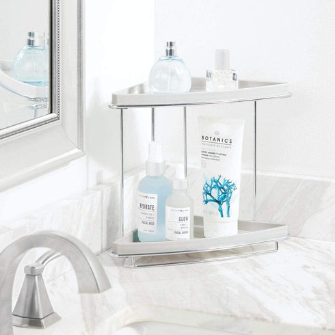 mDesign Metal 2-Tier Corner Storage Organizing Caddy Stand for Bathroom Vanity Countertops, Shelving or Under Sink - Free Standing, 2 Plastic Shelves - Light Gray/Chrome