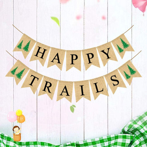 Amosfun HAPPY TRAILS Garland Swallowtail Banner Linen Flag Baby Birthday Decorative Bunting Supplies Party Garland for Festival Decorations