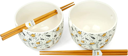 Gudetama Bowl & Chopstick Set - Includes 2 Ceramic Ramen or Rice Bowls & Wooden Chopsticks With Cute Sanrio Lazy Egg Design