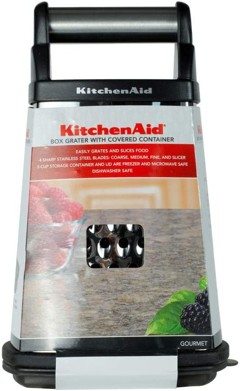KitchenAid Gourmet 4-Sided Stainless Steel Box Grater with Detachable Storage Container, 10 inches tall, Black