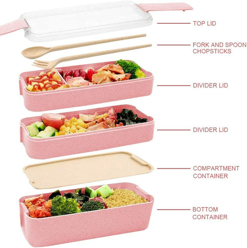 Iteryn Lunch Box Bento Box,3-In-1 Compartment - Wheat Straw, Leakproof Eco-Friendly Bento Lunch Box Meal Prep Containers for Kids & Adults (Beige&Pink)