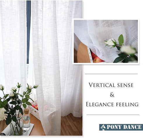 PONY DANCE Short Window Curtains - Linen Look Semi Sheer White Voile Valance Casual Back Tab Drapes for Small Bathroom Basement, 52 Wide x 36 Long, 2 Panels
