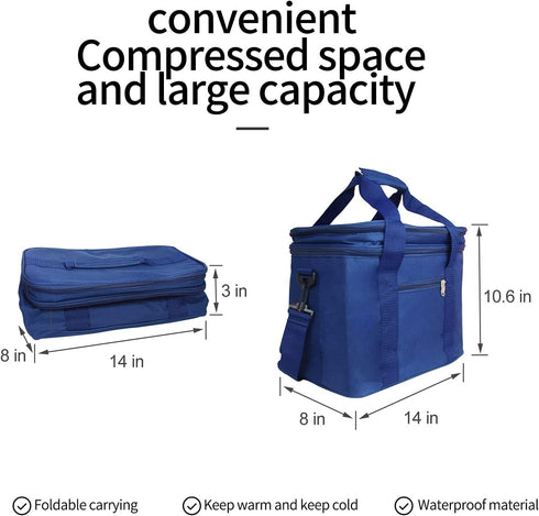 BLBL Insulated Cooler Bag,Collapsible fresh-keeping Bag, large Shopping Bags, Hot & Cold Food Delivery lunch lightweight, washable, Suitable for Camping, Picnic& Beach, Blue