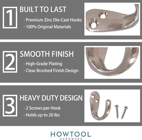 Single Prong Hook 12 Pack Brass with Screws for Towel Scarf Robe | HOWTOOL