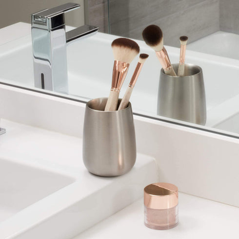 iDesign Nogu Metal Tumbler Cup, Holder for Makeup Brushes, Toothbrushes, Glasses, Brushes on Bathroom, Vanity Countertops, College Dorm, Bedroom Desks, 3.25" x 3.25" x 4" - Brushed Stainless Steel