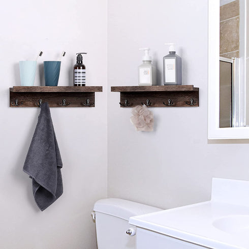 Coat Rack Wall Mount with Shelf Coat Racks with Hooks Bathroom Shelf with Hooks Entryway Coat Rack Organizer for Hanging Hat Keys Set of 2, Expresso
