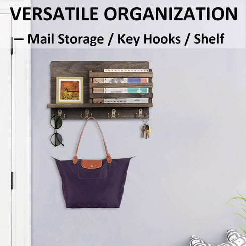 Mail and Key Holder for Wall Decorative - Wall Mounted Rustic Mail Organizer with 4 Double Hooks and Mail Rack, Wood Shelf Home Decor for Entryway, Mudroom, Hallway